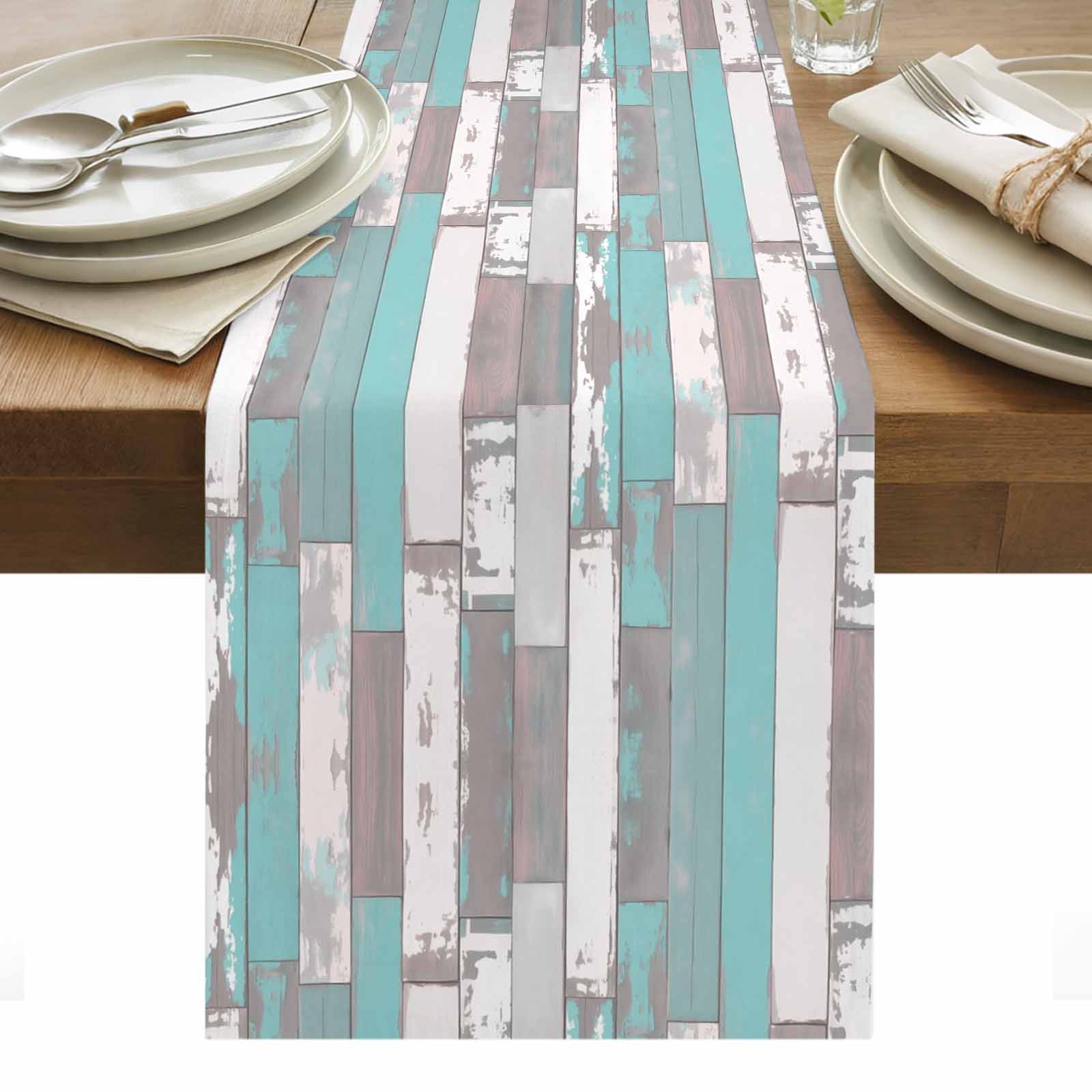 Turquoise Gray Table Runner - 90 Inch Long, Kitchen Dining Table Runner ...