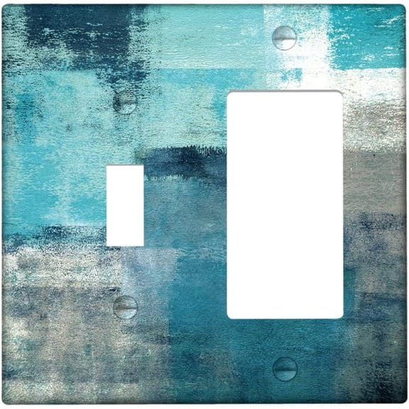 Turquoise Gray Teal Abstract Art Light Switch Cover, 2 Gang Combo Wall Plate for Kitchen and Bedroom