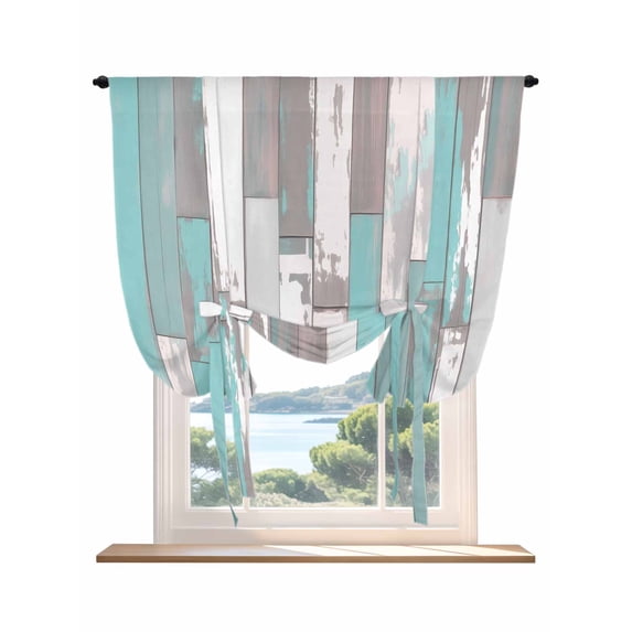 Turquoise Gray Tie Up Curtains for Windows 63 Inch Length Balloon Curtains Kitchen Adjustable Balloon Window Shade Country Retro Mottled Texture Wood Grain Tie Up Bathroom Curtain Window 42"x63"