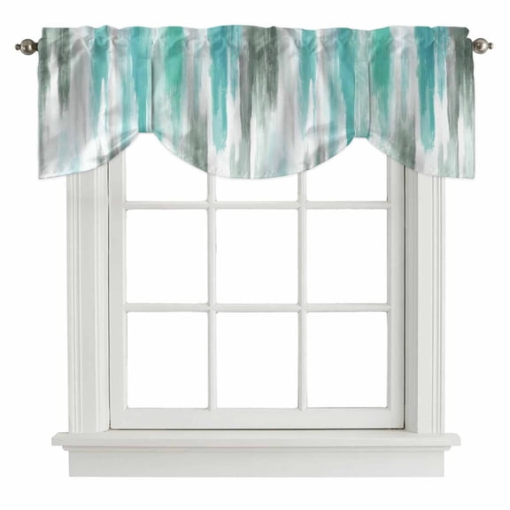Turquoise Gray Tie Up Valance Curtains for Windows, Kitchen Curtains Window Shades, Farmhouse Abstract Gradient Aesthetic Light Filtering Roman Curtain Valances for Bedroom/Bathroom/Cafe 42"x12"