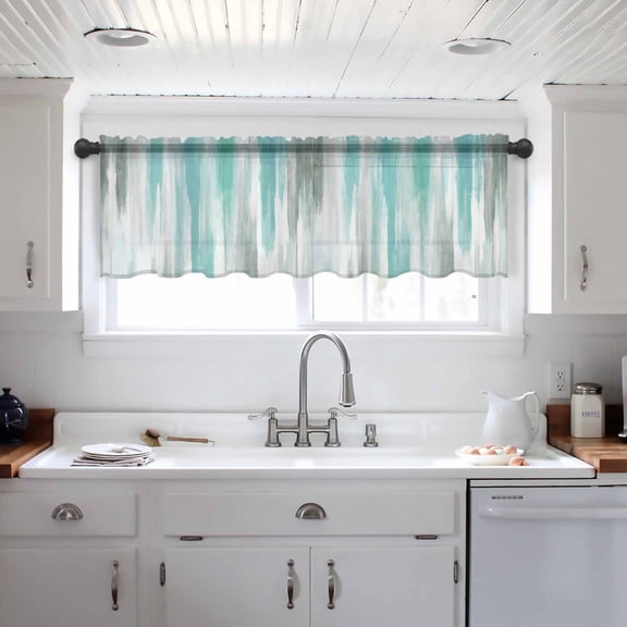 Turquoise Gray Valance Curtains for Kitchen/Living Room/Bathroom/Bedroom Window, Farmhouse Abstract Gradient Aesthetic Rod Pocket Small Topper Half Short Window Curtains Voile Sheer Scarf 42"x12"