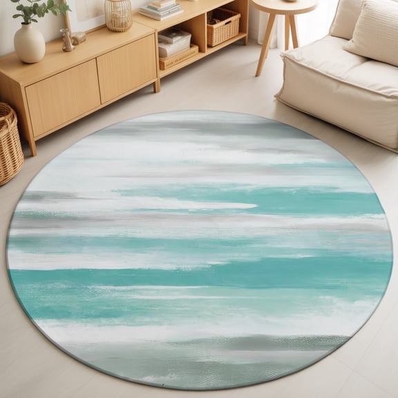 Turquoise Gray White Round Area Rug 4 Ft, Small Bathroom Rugs Washable Welcome Mat, Country Abstract Ombre Mottled Non Slip Accent Floor Carpet Circle Entryway Rug for Nursery Bedroom Under Table