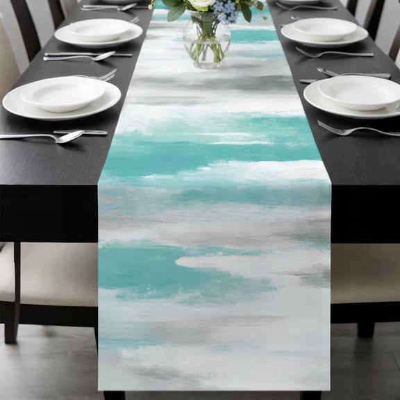 Turquoise Gray White Table Runner 90 Inches Long, Country Abstract Ombre Mottled Kitchen Coffee Dining Table Decoration for Home Party Birthday Wedding Home Decor 13x90 Inches
