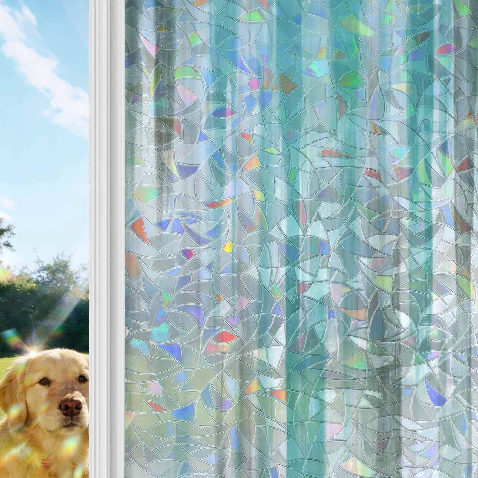 Turquoise Gray Window Privacy Film Stain Glass,Reusable Decorative Rainbow Window Film,Farmhouse Abstract Gradient Aesthetic Static Cling Sun Blocking Stickers Decals Covers 17.7" x 78.7" (2pcs)