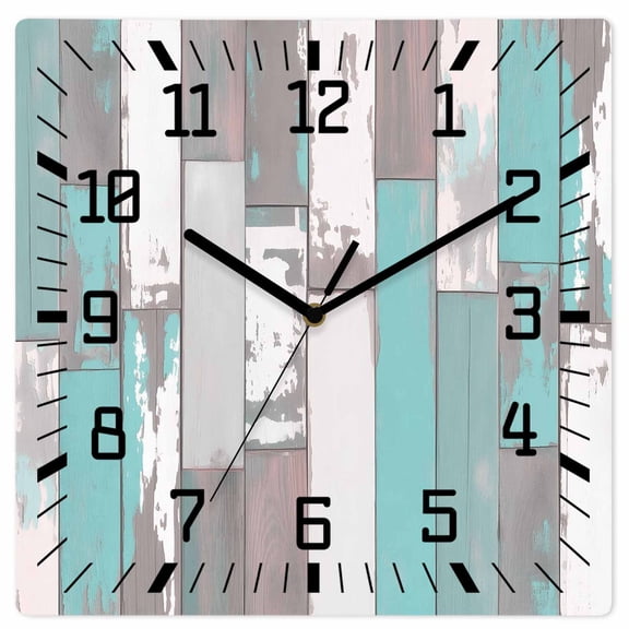 Turquoise Gray Wooden Wall Clock Silent Non Ticking, Country Retro Mottled Texture Wood Grain Square Wall Clocks Battery Operated, Decor Clock for Home Office, Living Room, Kitchen, 10 Inch