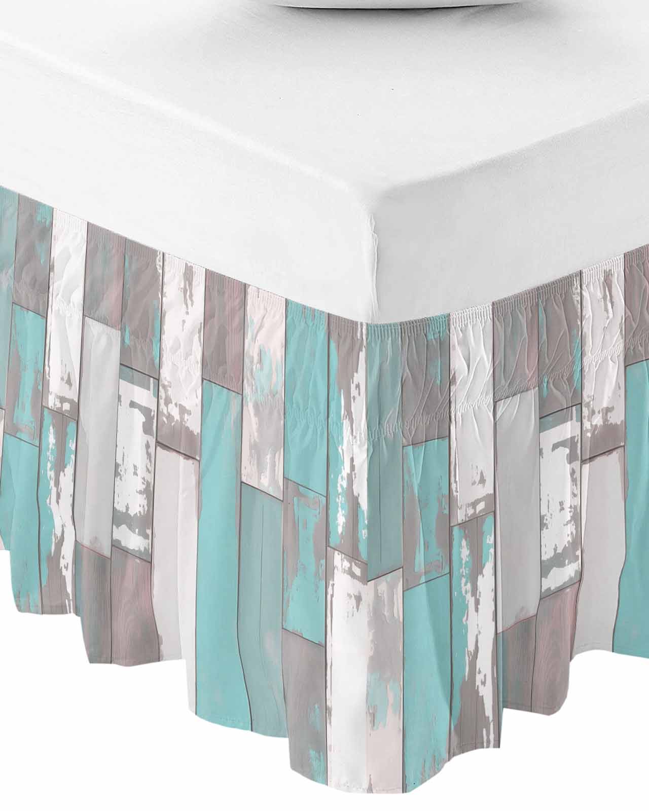 Turquoise Gray Wrap Around Bed Skirts for Queen Bed 18" Drop,Bed Skirt with Adjustable Elastic Belt Dust Ruffle Bed Valance for Bedroom Hotel Country Retro Mottled Texture Wood Grain Bed Frame Cover