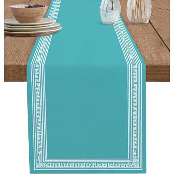 Turquoise Greek Key Short Table Runners 36 Inches, Cotton Linen Fabric Table Runner Geometric Greece Ancient Meander Fret Tablerunner for Party/Kitchen/Dinner Decor 13x36