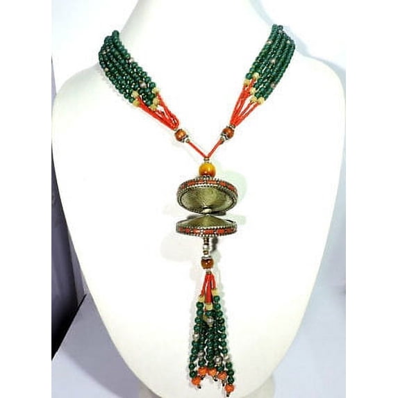 Turquoise,Green Onyx Gemstone Nepali Silver Jewelry Tibetan Necklace A38-72