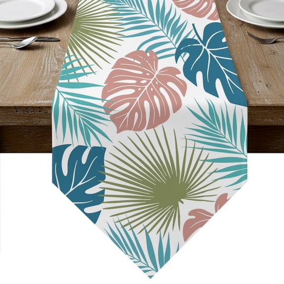 Turquoise Green Palm Leaves Table Runner Linen Burlap Table Runner 90 Inches Long Tropical Botanical Summer Dresser Scarves for Kitchen Island Coffee Dining Room Party Wedding Holiday Decor 13"x90"