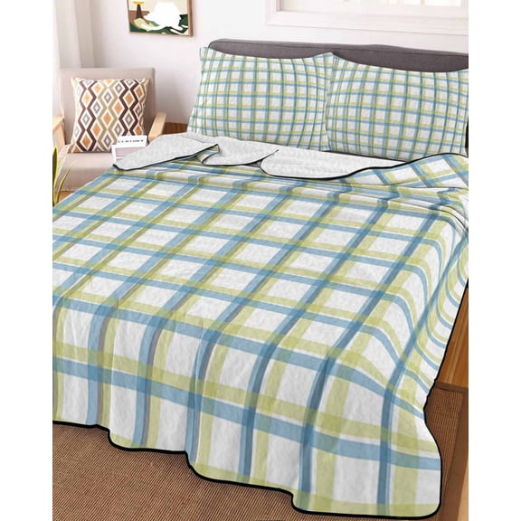 Turquoise Green Plaid,Full Size Down Alternative Comforter,Lightweight Comforter Quilt Bedding Set with Pillow Shams Abstract Minimalistic Geometric Grid Bed Comforter Duvet Insert 78"x90"