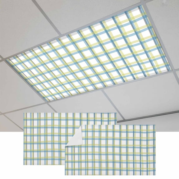 Turquoise Green Plaid Magnetic Fluorescent Light Covers for Ceiling Lights 2x4Ft,Abstract Minimalistic Geometric Grid Office Classroom Kitchen Drop Ceiling Light Covers Filters Shade Panel 2Packs