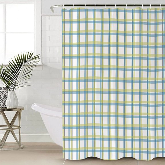 Turquoise Green Plaid, Standard Shower Curtain Set, Waterproof Shower Curtains for Bathroom, Abstract Minimalistic Geometric Grid Washable Fabric Cloth Bath Curtain with Hooks 72x72 Inches