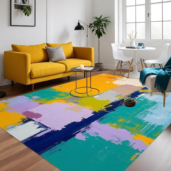 Turquoise Green Yellow Area Rugs, Abstract Art Deco Design Carpet, Washable Non Slip Low Pile Rug for Bedroom Living Room Playroom Office Decor Mat 2x3ft