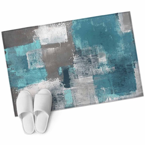 Turquoise Grey 2'x3' Washable Rug, Abstract Square Graffiti Modern Smear Non-Slip Soft Doormat Area Rugs for Entrance Bathroom Bedsides, Carpet for Kitchen Bedroom, Entryway Floor Mat