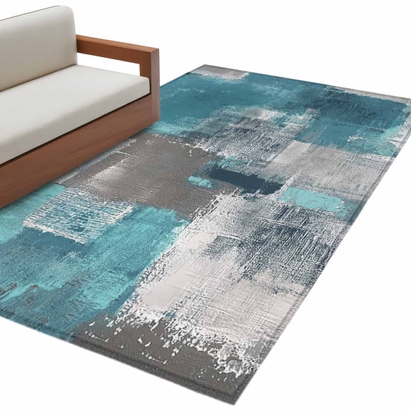 Turquoise Grey 3'x5' Washable Rug, Abstract Square Graffiti Modern Smear Non-Slip Area Rugs for Entryway Kitchen Classroom, Dorm Throw Carpet, Low Pile Soft Indoor Floor Mat
