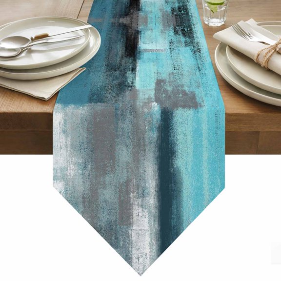 Turquoise Grey Abstract Art Table Runner 36 Inches Long Teal Blue Graffiti Retro Gradient Table Runners for Dining Room Tabletop Dresser Scarf Home Party Banquet Wedding Holiday Decoration