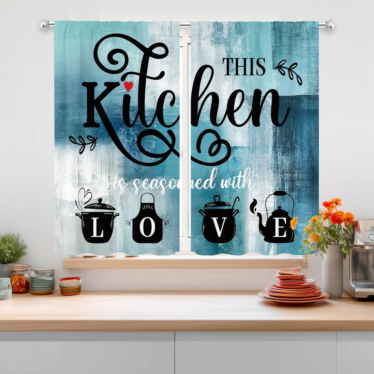 Turquoise Grey Abstract Kitchen Curtains 52Wx36H Inch Rod Pocket ...