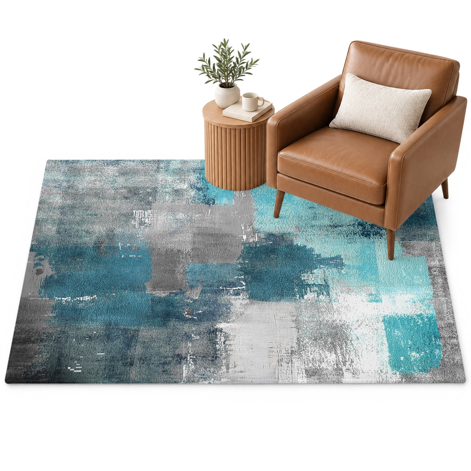 Turquoise Grey Area Rug 3'x5', Abstract Graffiti Soft Mat Non-Slip ...