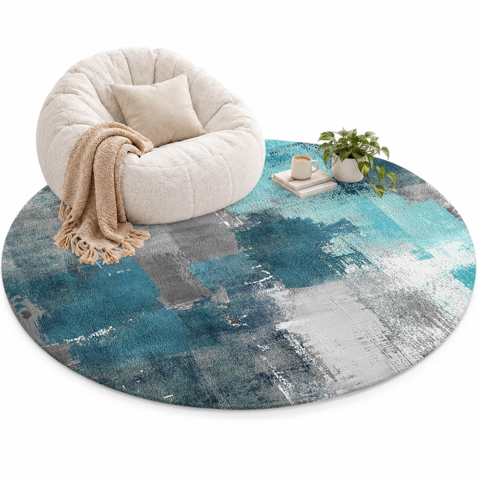 Turquoise Grey Area Rug 6', Abstract Graffiti Soft Mat Non-Slip ...