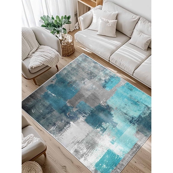 Turquoise Grey Area Rug for Bedroom 4x6 Ft Abstract Graffiti Brush Art Modern Super Soft fuzzy Throw Rug Non-Slip Fluffy Plush Indoor Floor Carpet for Living Room Nursery Home Decor