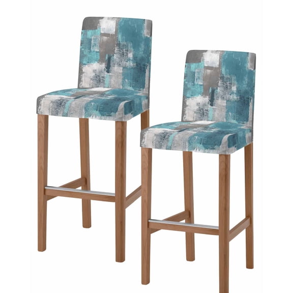 Turquoise Grey Bar Stool Covers Set of 2, Abstract Square Graffiti Modern Smear Stretch Washable Bar Chair Covers with Backs, Removable Pub Counter Height Chair Cover for Kitchen Dining Room Cafe