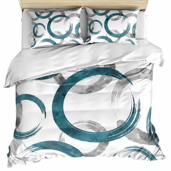 Turquoise Grey Bedding 3 Piece Duvet Cover Set Queen Size, Geometric Circle Modern Abstract Simple Art Soft Microfiber Comforter Cover with Zipper Closure & Pillowcases, FadeResistant Quilt Cover