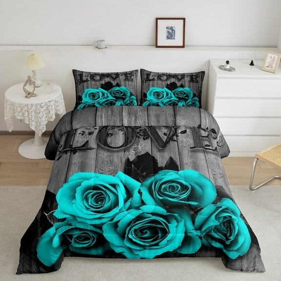 Turquoise Grey Bedding Set Teal Rose Flowers Comforter Set Full Men Women Valentine'S Day Wedding Comforter Gifts For Couple Lover,Country Rose Floral Quilt Duvet Insert 2 Pillow Cases