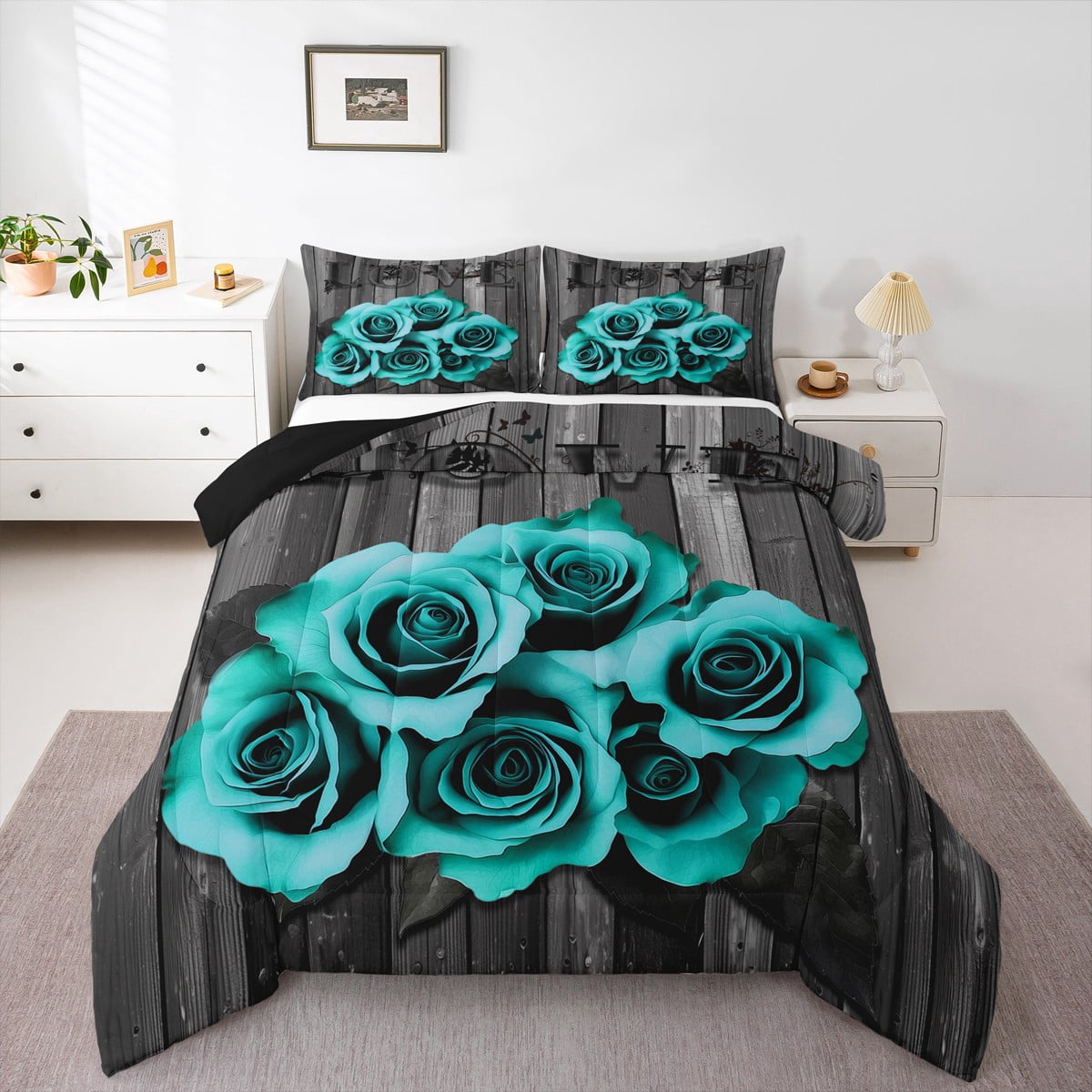 Turquoise Grey Bedding Set Teal Rose Flowers Comforter Set Full Men Women Valentine'S Day Wedding Comforter Gifts For Couple Lover,Country Rose Floral Quilt Duvet Insert 2 Pillow Cases