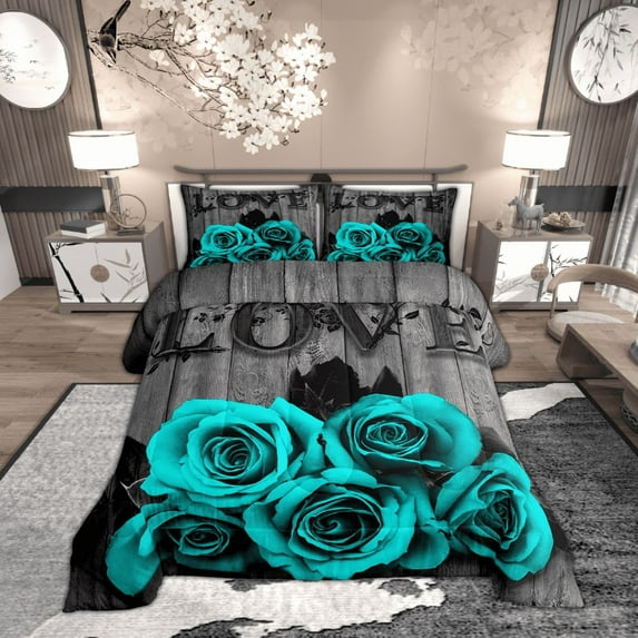 Turquoise Grey Bedding Set Teal Rose Flowers Comforter Set Queen Men Women Valentine'S Day Wedding Comforter Gifts For Couple Lover,Country Rose Floral Quilt Duvet Insert 2 Pillow Cases