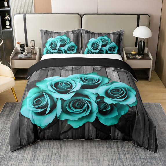 Turquoise Grey Bedding Set Teal Rose Flowers Duvet Cover Full For Girls Men Women Valentine'S Day Wedding Comforter Cover,Country Rose Floral Quilt Cover 2 Pillow Cases (No Comforter)