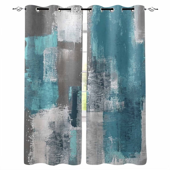 Turquoise Grey Blackout Curtains 39 Inches Long for Bedroom, Abstract Square Graffiti Modern Smear Thermal Insulated Room Darkening Black Out Window Curtain Panels Grommet Drapes for Living Room