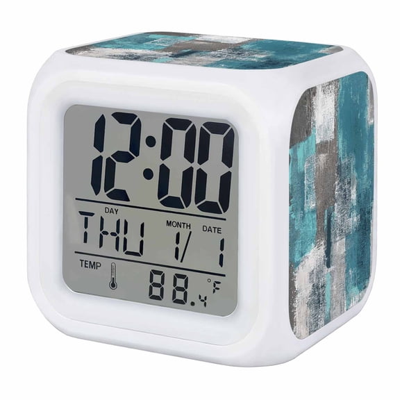 Turquoise Grey Digital Alarm Clock for Bedrooms, Smart LED Alarm Clock with 7 Color Changing Night Light, Abstract Square Graffiti Modern Smear Silent Wake Up Clocks for Sleep Study Cooking 3.2"x3.2"