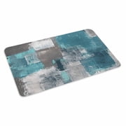 Turquoise Grey Doormat Outdoor Entrance 24"x36", Abstract Square Graffiti Modern Smear Absorb Moisture Dirt Door Mats, Non-Slip Rubber Backing Floor Mats Indoor, Low-Profile Front Door Rugs