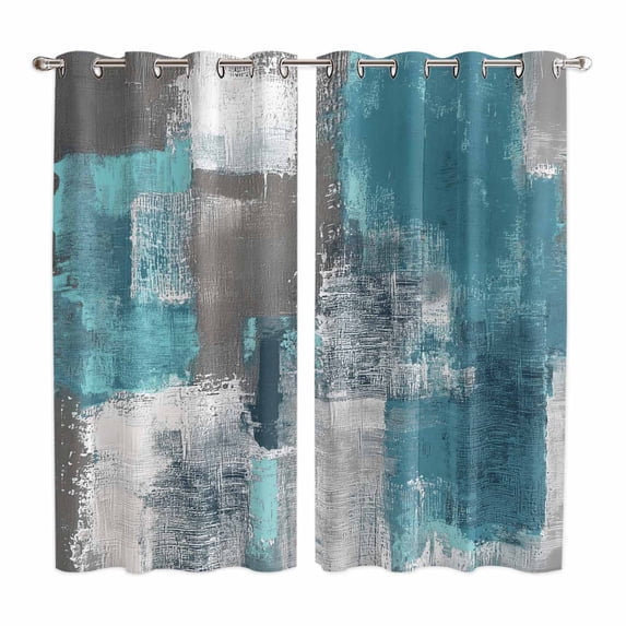 Turquoise Grey Kitchen Curtains 63 Inch Length, Abstract Square Graffiti Modern Smear Grommet Top Bedroom Living Room Curtains, Light Filtering Cafe Curtain Drapes 2 Panels Set 84''x63''