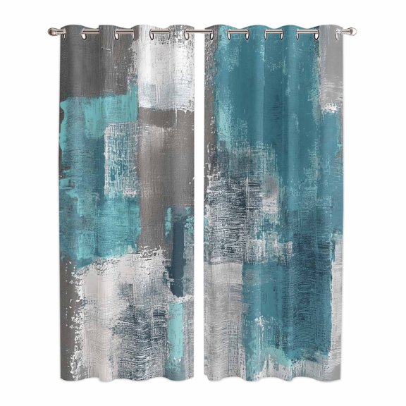 Turquoise Grey Kitchen Curtains 96 Inch Length, Abstract Square Graffiti Modern Smear Grommet Top Bedroom Living Room Curtains, Light Filtering Cafe Curtain Drapes 2 Panels Set 104''x96''