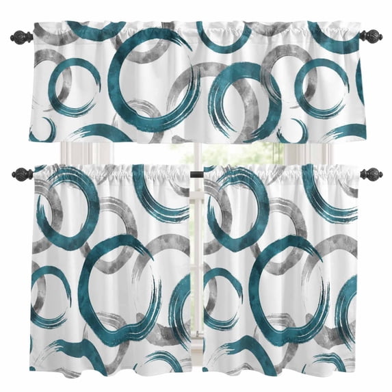 Turquoise Grey Kitchen Curtains Sets for Windows 24 Inch Length, Geometric Circle Modern Abstract Simple Art Rod Pocket Window Treatments Tier Curtains and Valances Set for Bedroom/Bathroom