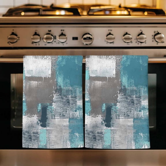 Turquoise Grey Kitchen Towels Set of 2, Abstract Square Graffiti Modern Smear Absorbent Dish Towels for Kitchen, Microfiber Hand Towel, Quick Drying Tea Towel for Cleaning Decorative Dishcloths