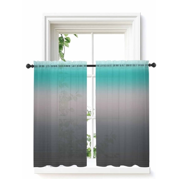 Turquoise Grey Ombre Curtains 54 Inch Length,Sheer Curtains for Bedroom Living Room Window Teal Modern Geometric Striped Abstract Art Voile Drapes Kitchen Curtains Small Half Window 52"x54" 2 Panels