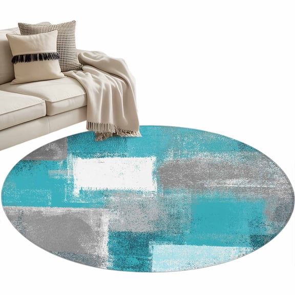 Turquoise Grey Ombre Large Area Rugs for Bedroom Living Room, Soft Non Slip Carpet Bedside Rug, Abstract Vintage Oil Painting Round Floor Cover Kitchen Accent Rug 3' for Dining Room/Office