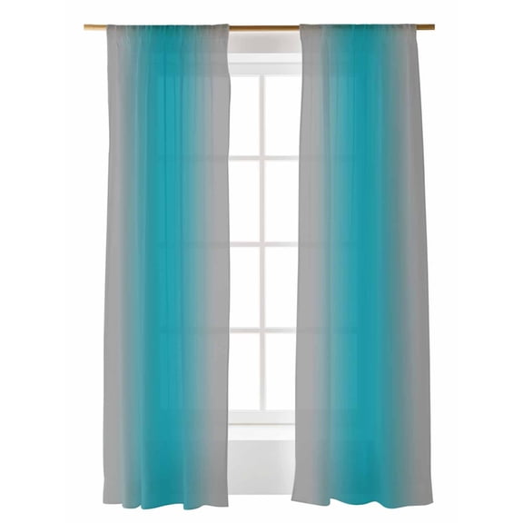 Turquoise Grey Ombre Sheer Curtains 2 Panels Set Gradient Color Lihgt Filtering Rod Pocket Voile Drape, Semi Sheer Window Curtains for Bedroom Living Room, 52"x108"