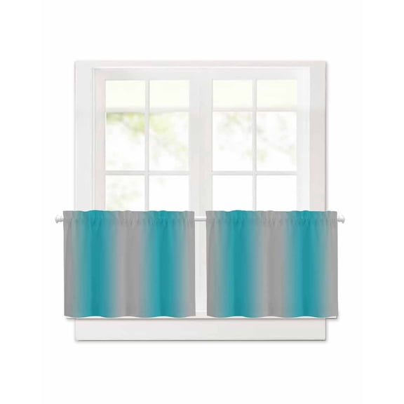 Turquoise Grey Ombre Short Blackout Curtains 24 Inch Long Gradient Color Rod Pocket Kitchen Curtains, 2 Panels Thermal Insulated Room Darkening Drapes for Bedroom, 30"W x 24"L