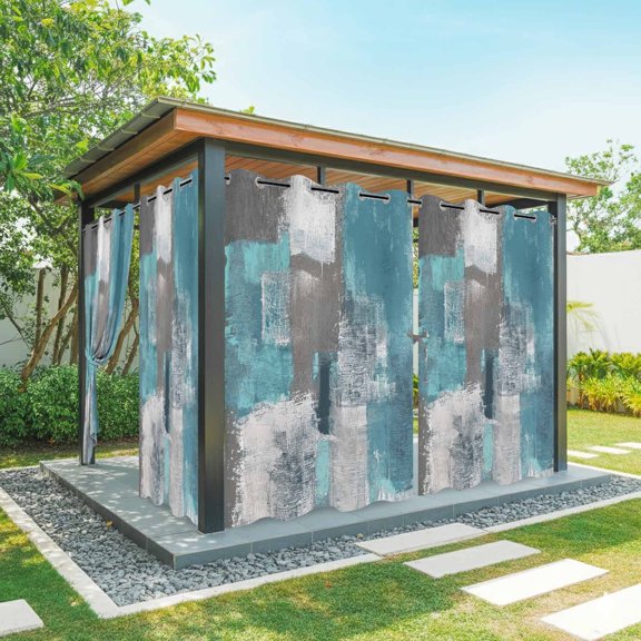 Turquoise Grey Outdoor Curtains for Patio Waterproof,Windproof Privacy Curtains with Weighted Bottom,Abstract Square Graffiti Modern Smear Outside Drapes for Picnic Garage Yard Cabana 54"x84" 1 Panel