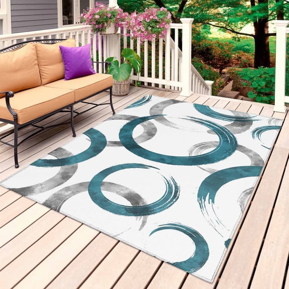 Turquoise Grey Outdoor Rug for Patio/Deck/Porch, Non-Slip Large Area Rug 4 x 6 Ft, Geometric Circle Modern Abstract Simple Art Indoor Outdoor Rugs Washable Area Rugs, Camping Rug Carpet Runner