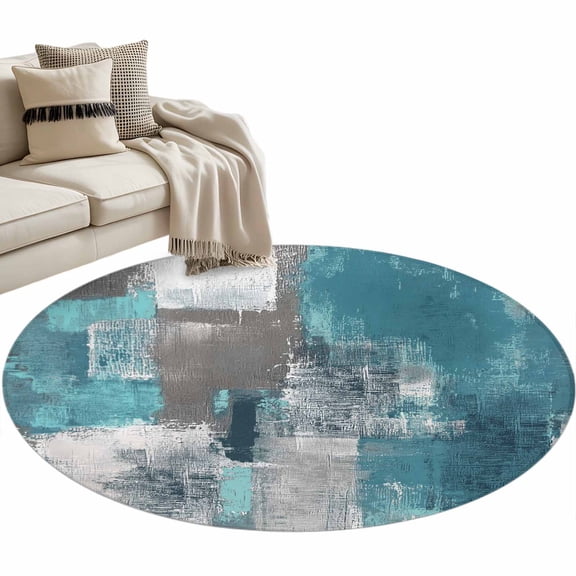 Turquoise Grey Round Area Rug 4ft, Abstract Square Graffiti Modern Smear Washable Non-Slip Circle Rugs for Bedroom Living Room Kitchen, Soft Non Shedding Circle Carpet for Dining Room Dorm