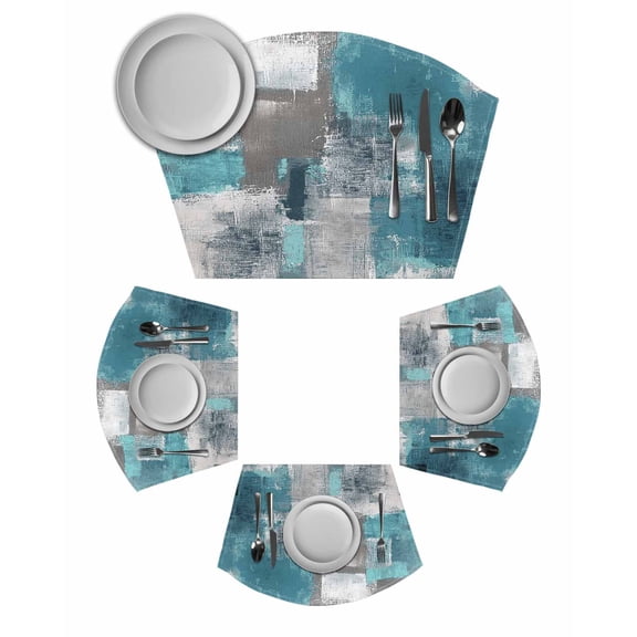 Turquoise Grey Round Table Placemats Set of 2 Wedge Placemats, Abstract Square Graffiti Modern Smear Place Mats for Dining Table Set Washable Mats Kitchen Decor for Indoor Outdoor Wipe Clean