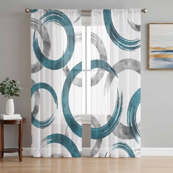Turquoise Grey Semi Sheer Window Curtains 84 Inches Long, Geometric Circle Modern Abstract Simple Art Rod Pocket Voile Silky Chiffon Curtain Light Filtering Drapes for Living Room, 52"x84", 2 Panels