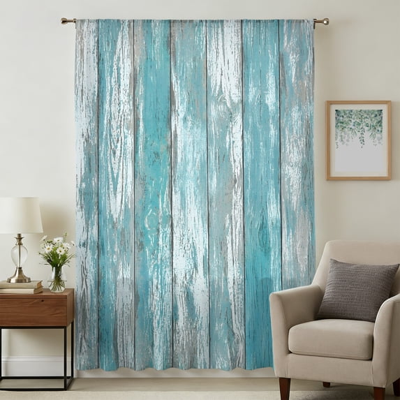 Turquoise Grey Sheer Curtains 45 Inches Long, Farmhouse Cabin Barn Wooden Grain Light Filering Curtains, Breathable Simi Curtain Privacy Drapes for Kitchen Bathroom Lightweight Small Window Treatment