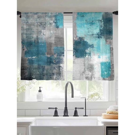 Turquoise Grey Sheer Curtains 54 Inches Long 2 Panels Abstract Graffiti Light Filtering Semi Sheer Window Curtains Drapes for Bedroom Living Room 52"x54"
