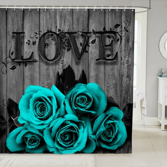 Turquoise Grey Shower Curtain Teal Rose Flowers Shower Curtain 72"Wx84"L For Bathroom Valentine'S Day Wedding Bathroom Curtain For Couple Lover,Country Rose Floral Bathroom Accessories 12 Hooks