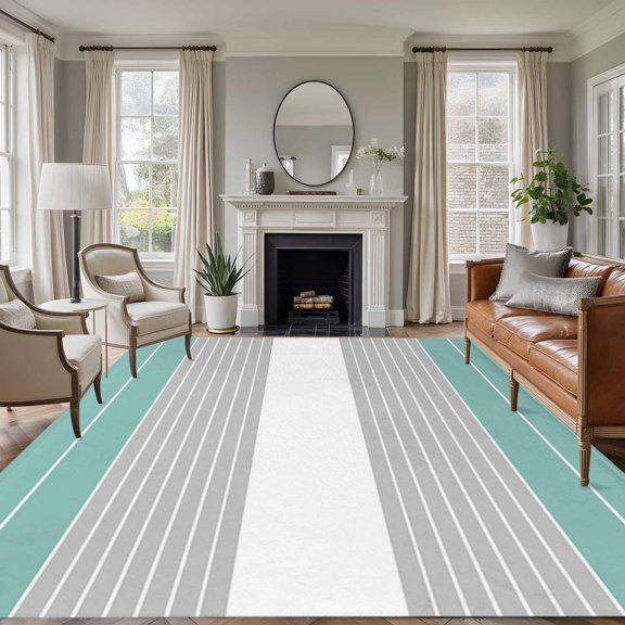 Turquoise Grey Stripe 8'x10' Large Area Rug for Living Room Sectional Sofa, Gradient Line Washable Non Slip Low Pile Rectangle Area Rug